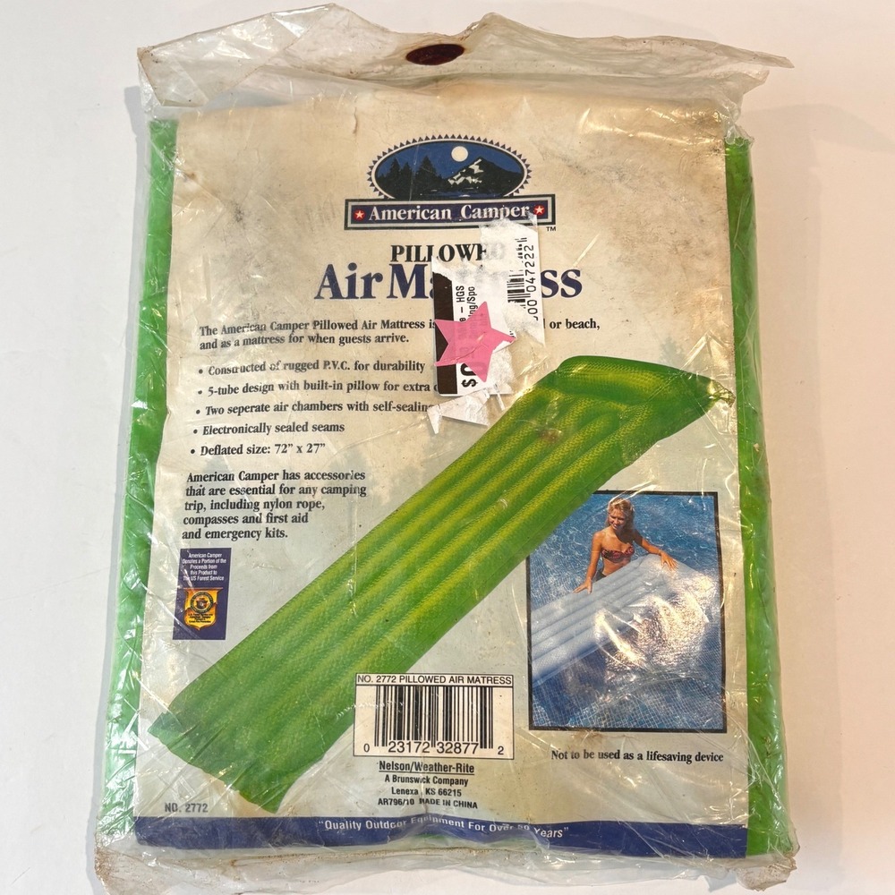 Vintage American Camper Pillowed Air Mattress Green Inflatable Pool Float Heavy
